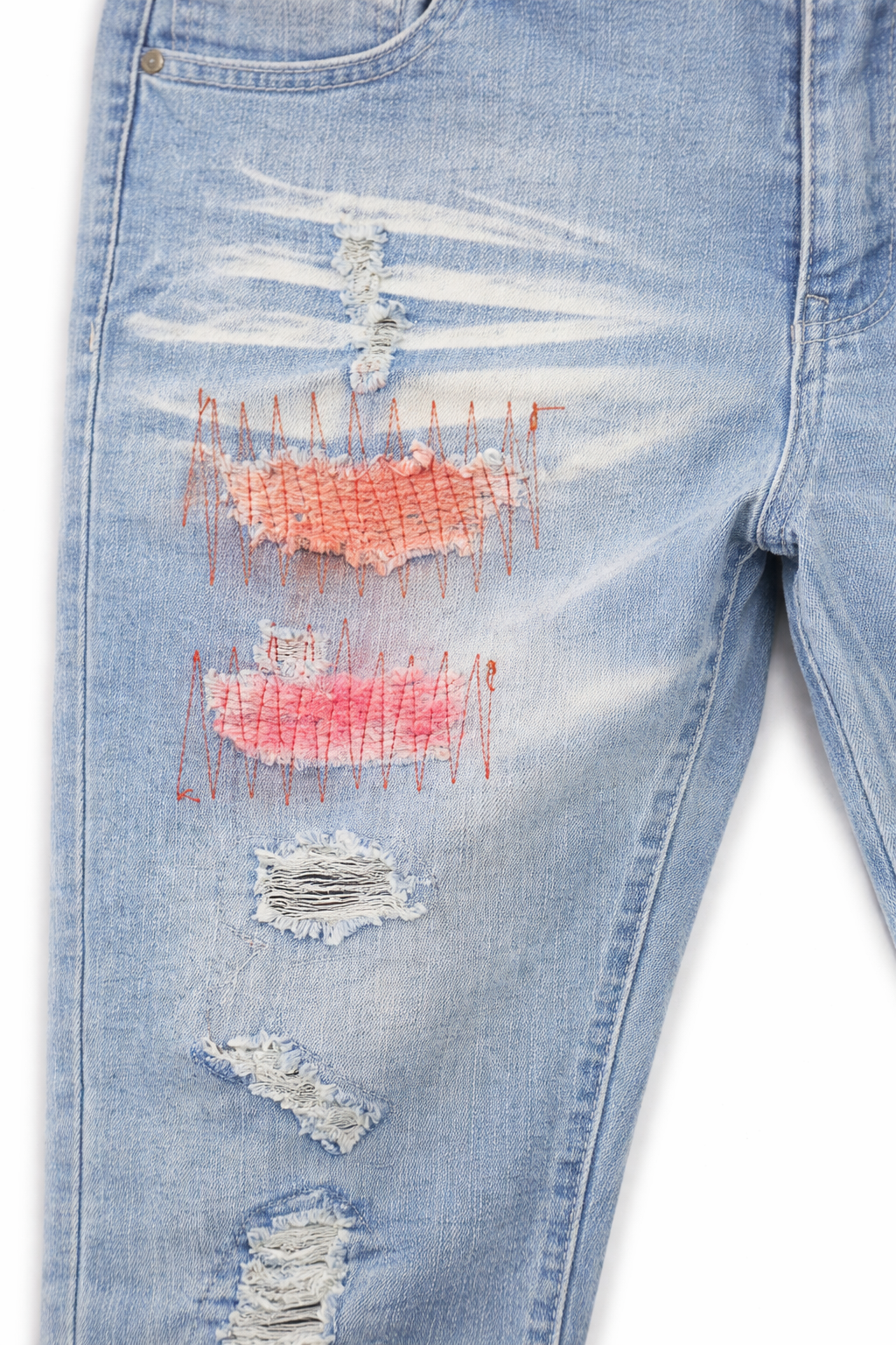 Sunburst Stitch Distressed Slim-Fit Jeans