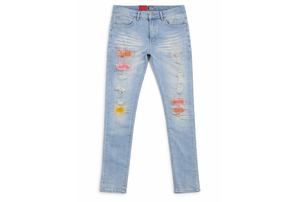 Sunburst Stitch Distressed Slim-Fit Jeans